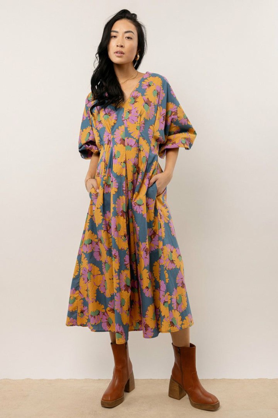 Dresses * | Discount Wellmade Inc Dresses Kara Floral Midi Dress Blue