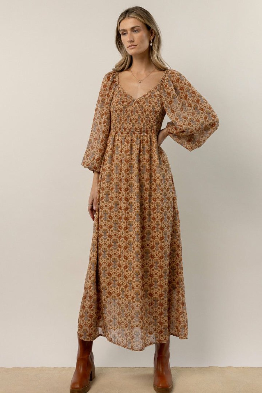 Dresses * | Coupon Baevely Averie Floral Midi Dress In Dresses Camel