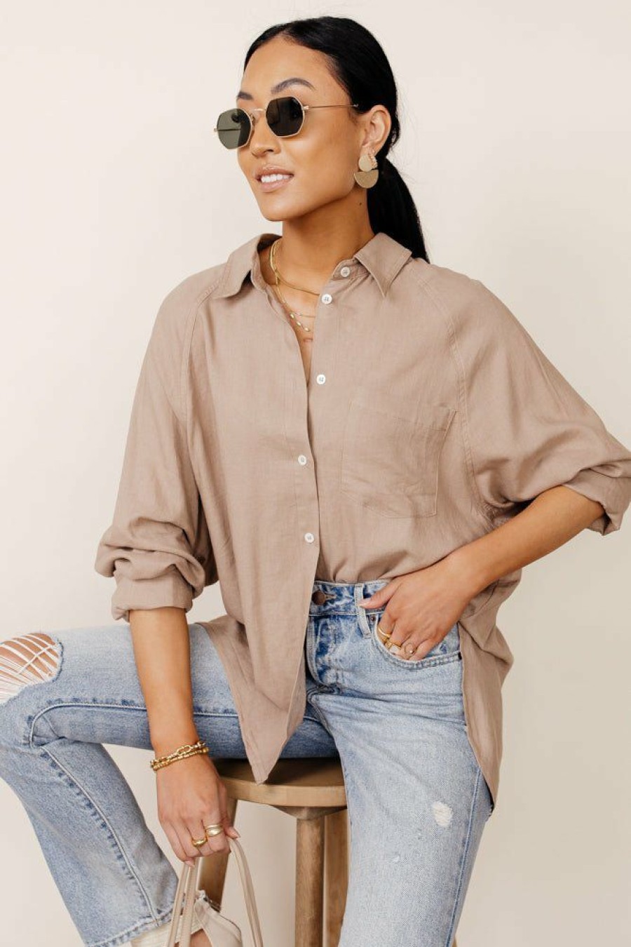 Tops * | Top 10 Fun 2 Fun Maude Button Down Blouse In Final Sale Taupe