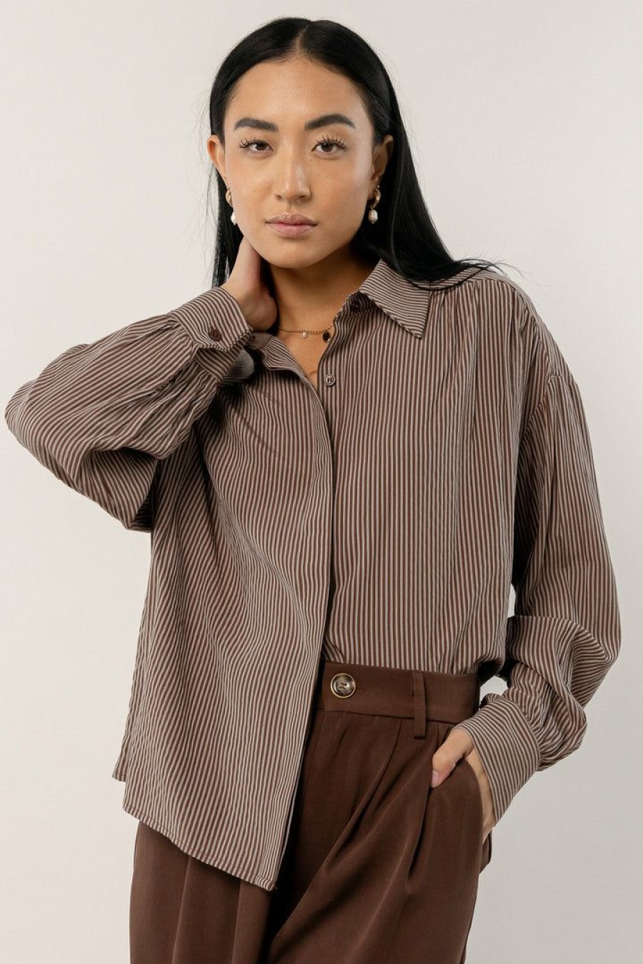 Tops * | Wholesale Lumiere Kristen Striped Button Down New Arrivals Brown