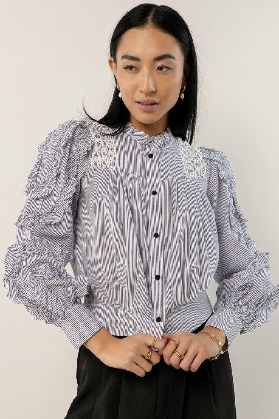 Tops * | Flash Sale Maize Gina Pleated Button Down New Arrivals Black