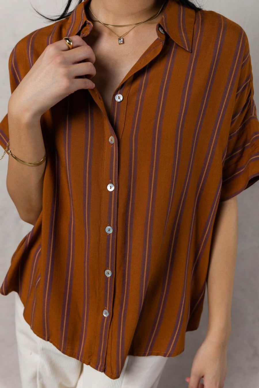 Tops * | Flash Sale Fun 2 Fun Vernon Button Up Tops Terracotta