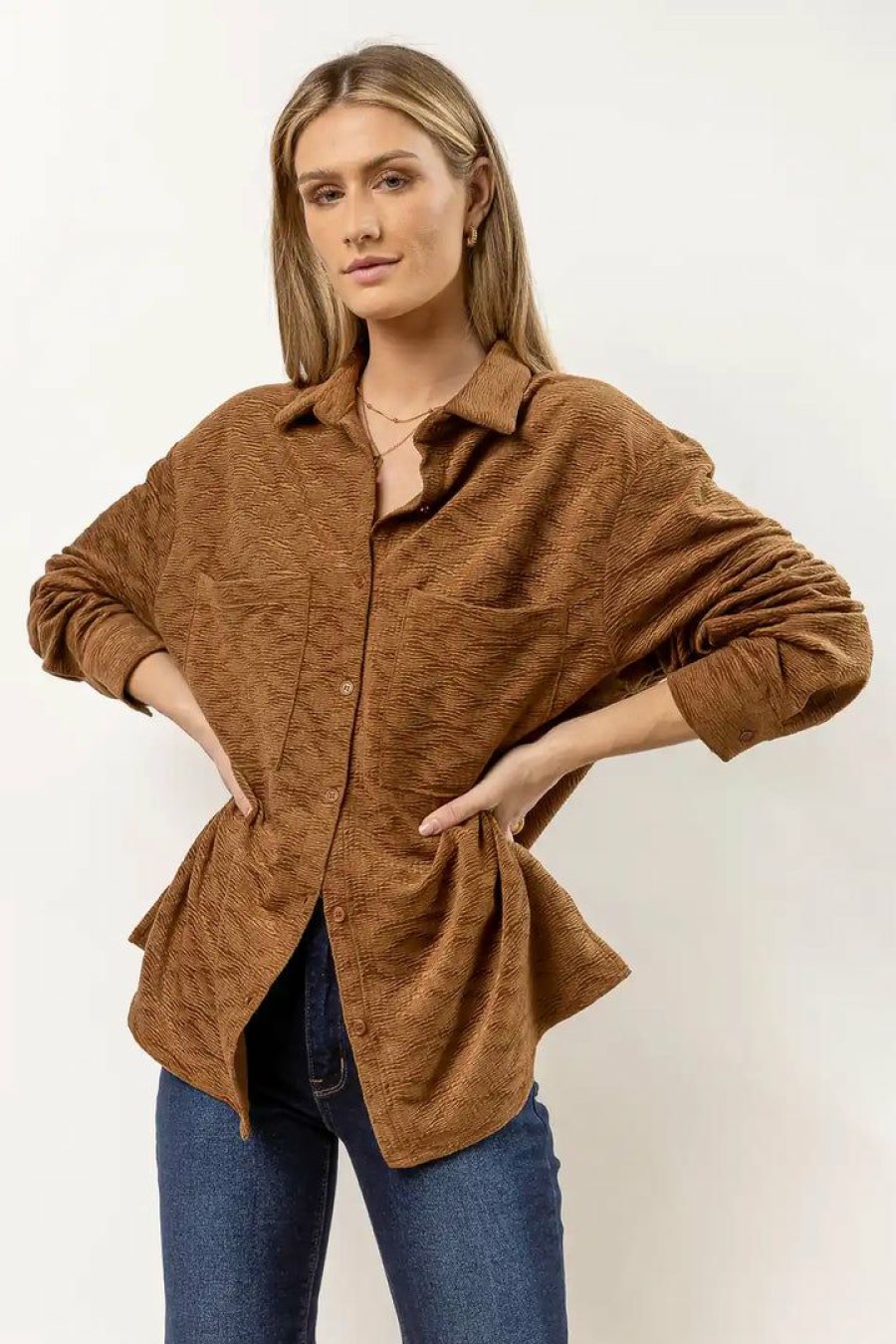 Tops * | Best Reviews Of Wellmade Inc Mikayla Button Down In Brown