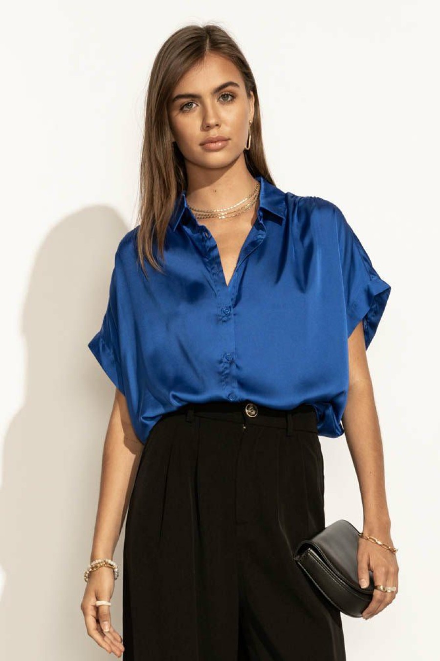 Tops * | Discount Fun 2 Fun Mary Button Down Top In Final Sale Blue