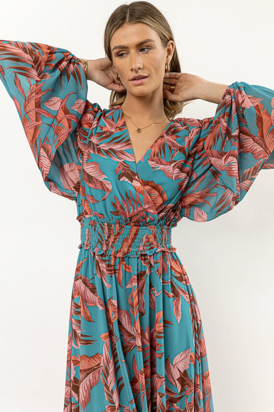 Dresses * | Buy Flying Tomato New Arrivals Jolie Printed Chiffon Dress Teal