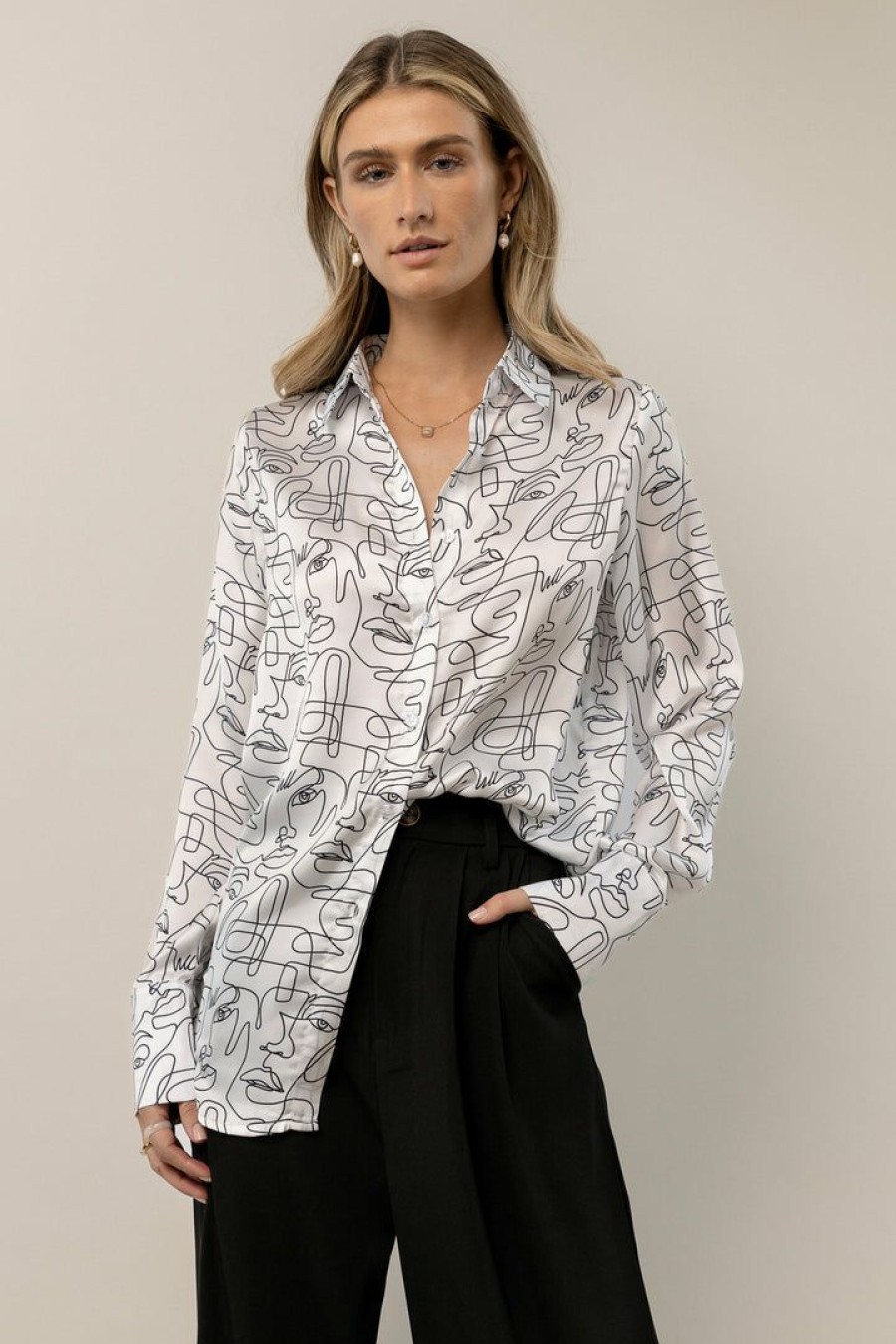 Tops * | Top 10 Worui One Line Abstract Button Down White