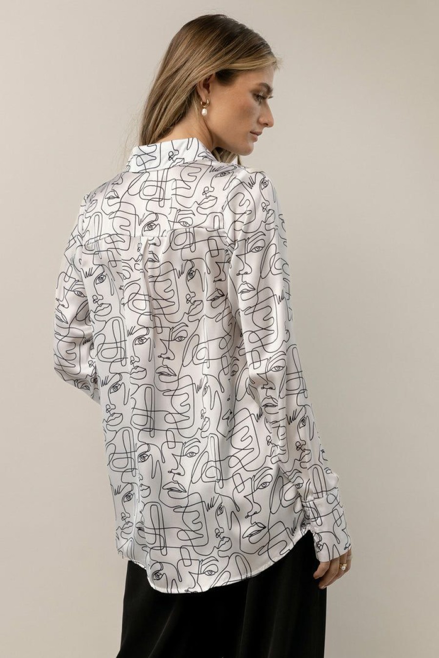 Tops * | Top 10 Worui One Line Abstract Button Down White