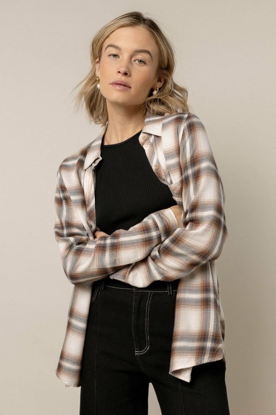 Tops * | Best Pirce Be Cool Manufacture Tops Curtis Plaid Button Down Natural