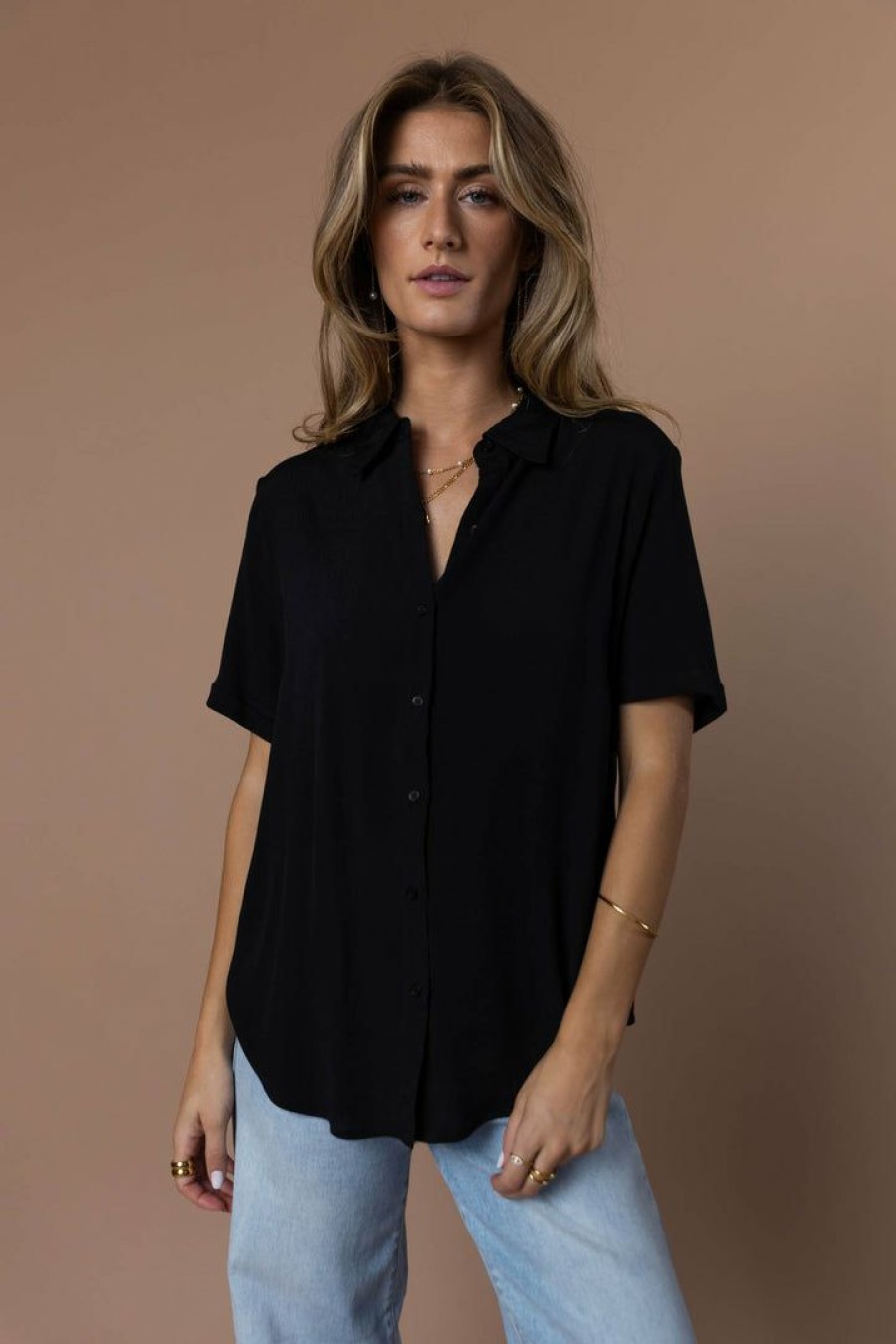 Tops * | Hot Sale Fun 2 Fun Ayala Button Down Blouse In Black