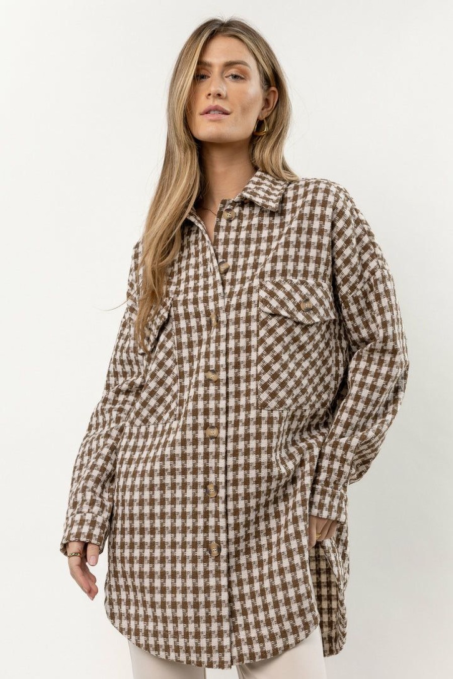 Tops * | Brand New Aaron & Amber Tops Kindra Houndstooth Shacket In Brown