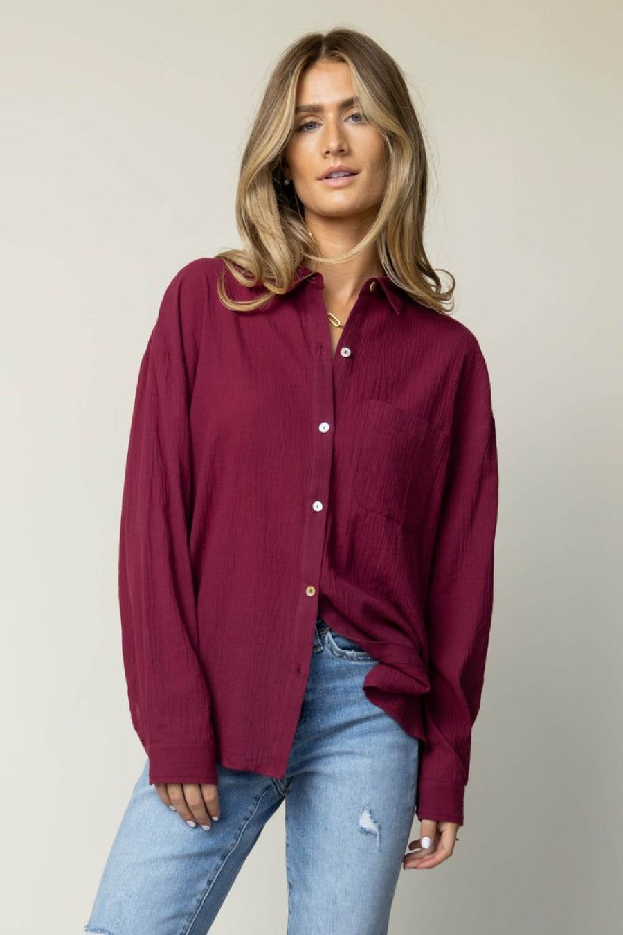 Tops * | Best Reviews Of Fun 2 Fun Larissa Button Down Blouse In Final Sale Burgundy