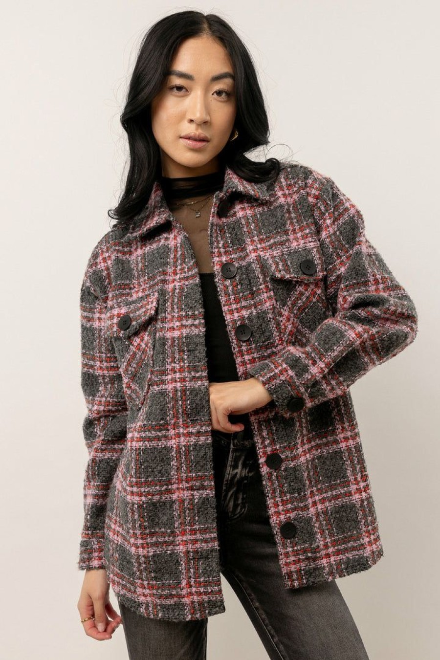 Tops * | Brand New A Peach Tops Kendall Plaid Shacket Charcoal