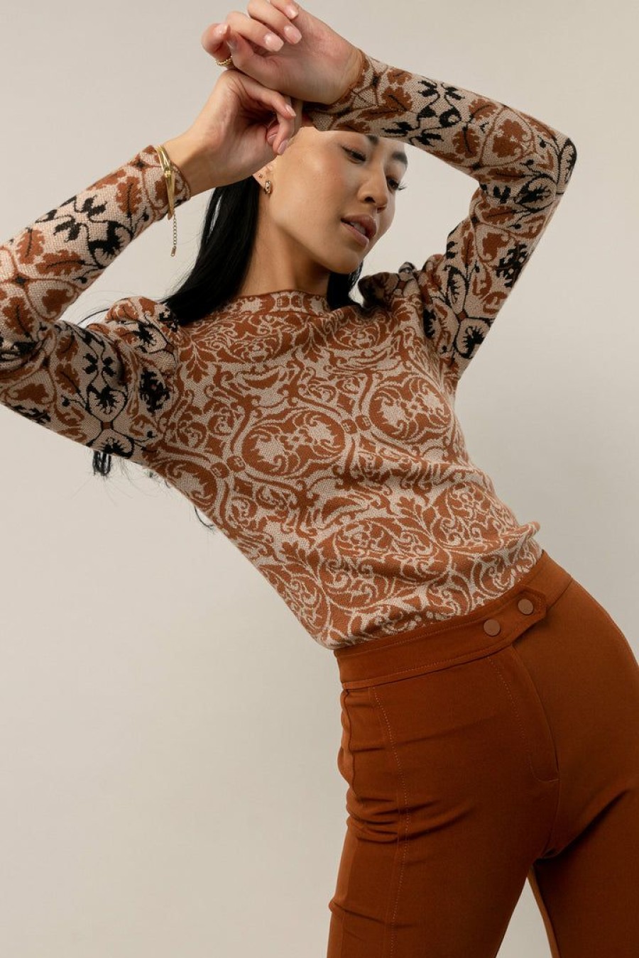 Tops * | Promo Flying Tomato Tops Kienna Mock Neck Top Brown