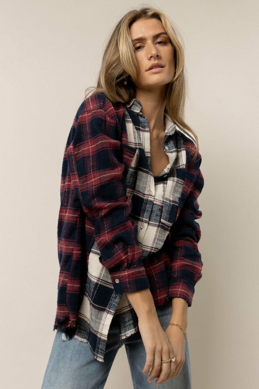 Tops * | Top 10 A Peach Tops Carson Plaid Shacket Blue