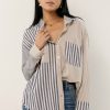 Tops * | Best Deal Millibon Polymond Dk Inc Tops Striped Button Down Top Final Sale Taupe