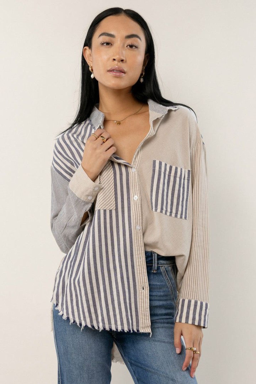 Tops * | Best Deal Millibon Polymond Dk Inc Tops Striped Button Down Top Final Sale Taupe