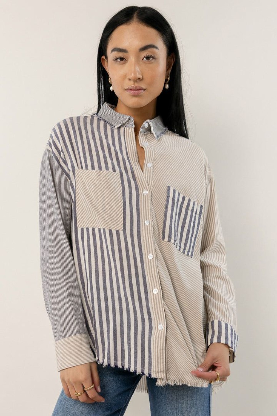 Tops * | Best Deal Millibon Polymond Dk Inc Tops Striped Button Down Top Final Sale Taupe