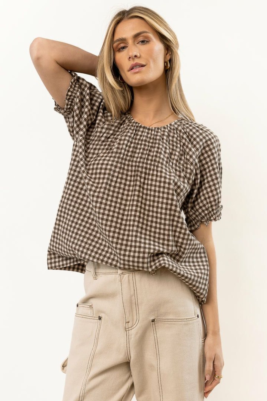 Tops * | Top 10 Fun 2 Fun New Arrivals Monet Checkered Blouse Olive