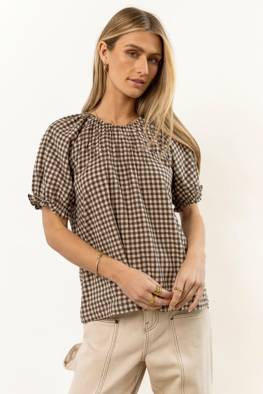 Tops * | Top 10 Fun 2 Fun New Arrivals Monet Checkered Blouse Olive