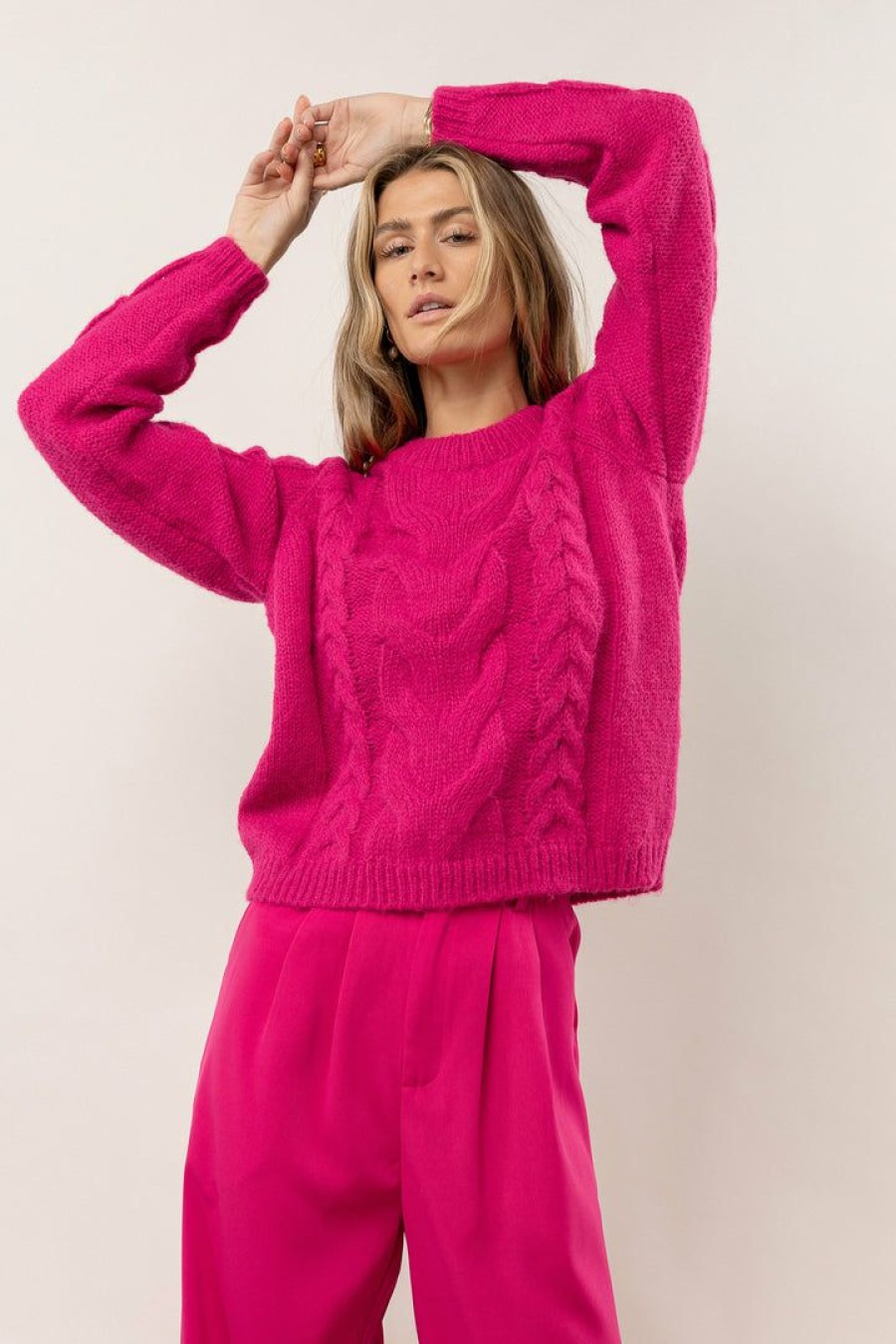 Tops * | Best Reviews Of Sweaters Vero Moda Cindy Cable-Knit Sweater In Hot Pink