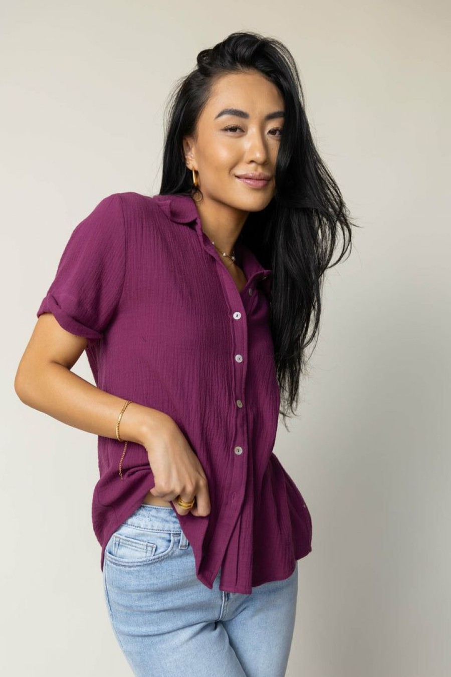 Tops * | Flash Sale Fun 2 Fun Tops Piper Button Down Top In Final Sale Purple