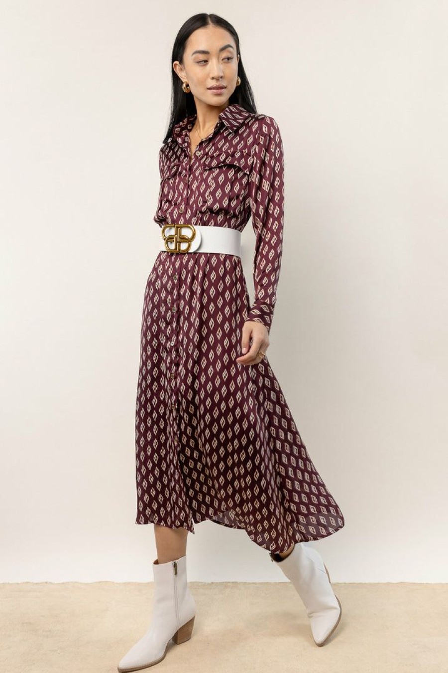 Dresses * | Deals Lumiere Shae Printed Midi Dress Burgundy