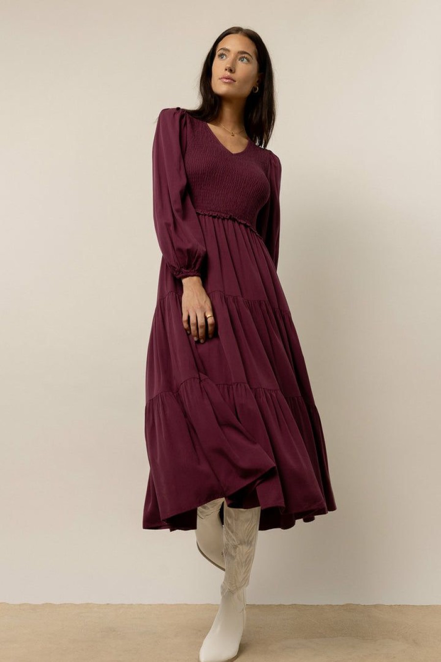 Dresses * | Top 10 Lumiere New Arrivals Smocked Tiered Midi Dress In Purple