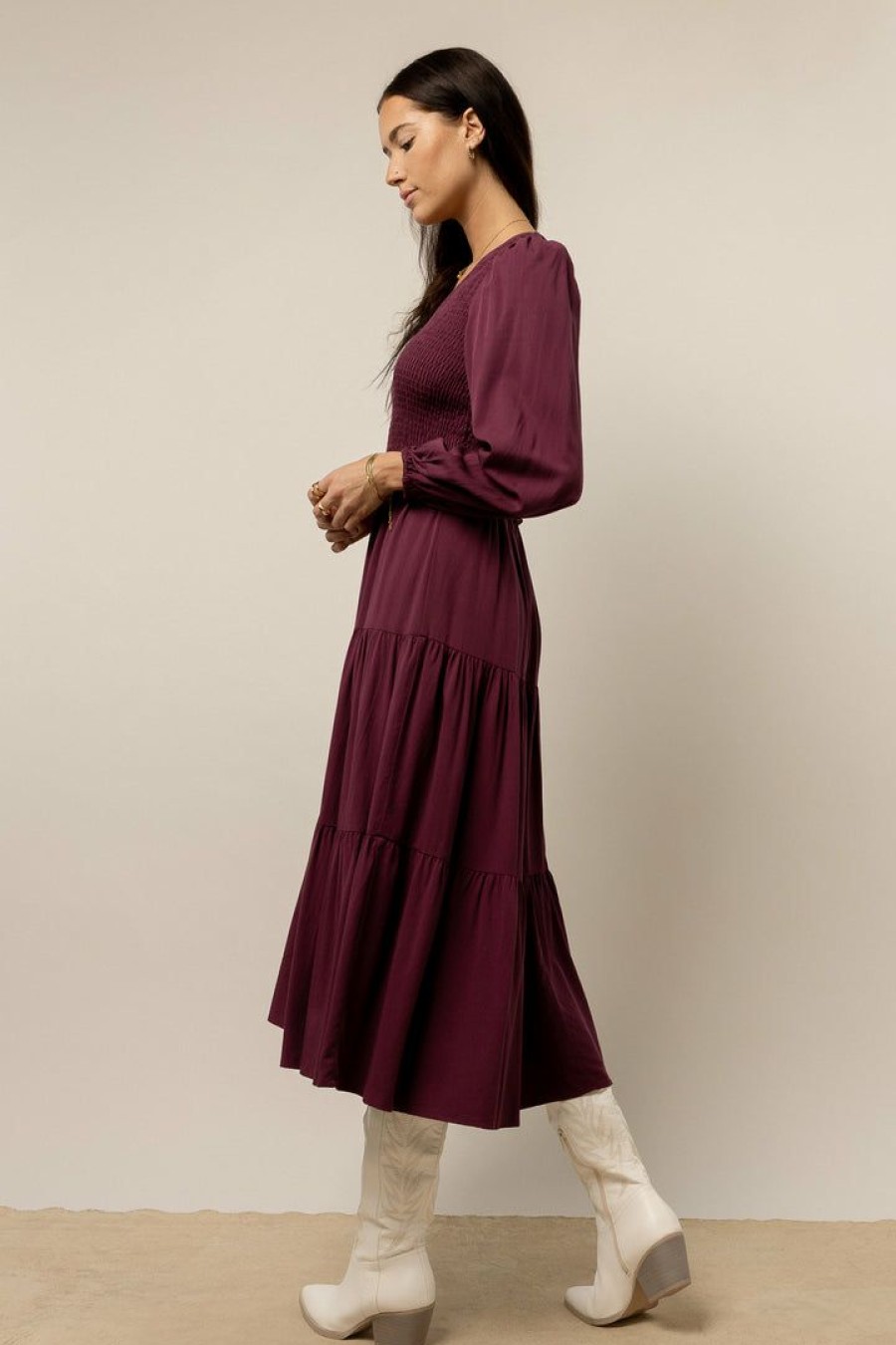 Dresses * | Top 10 Lumiere New Arrivals Smocked Tiered Midi Dress In Purple