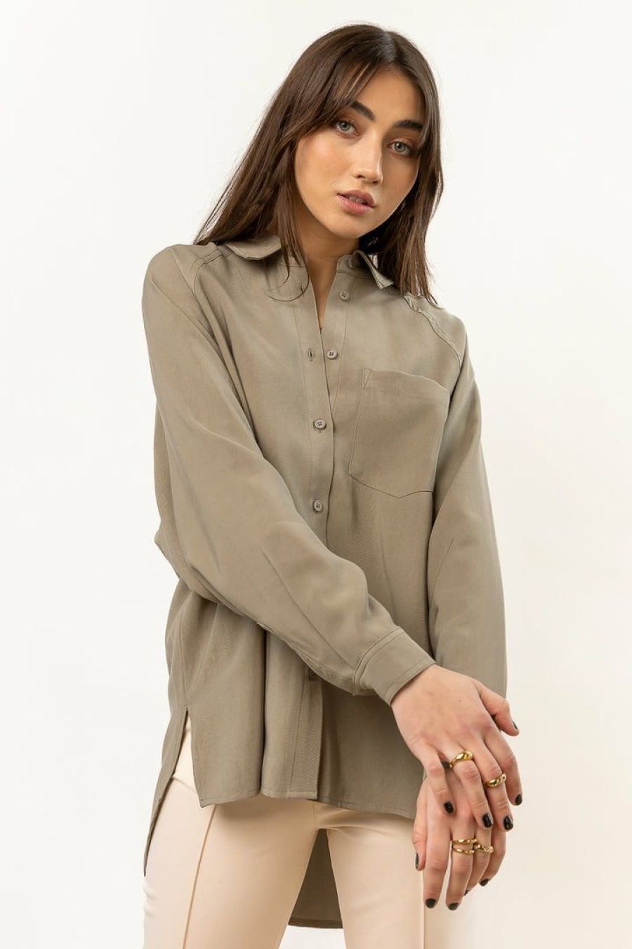 Tops * | Cheapest Fun 2 Fun Edward Button Down In Sage