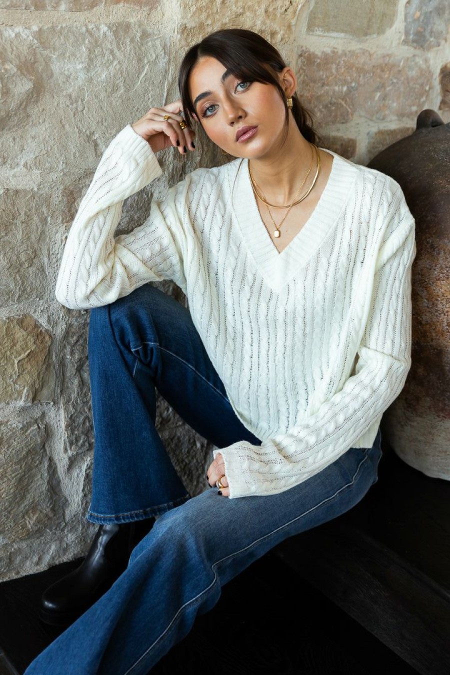 Tops * | Buy Mitto Shop Liv Cable Knit Sweater In New Arrivals Ivory