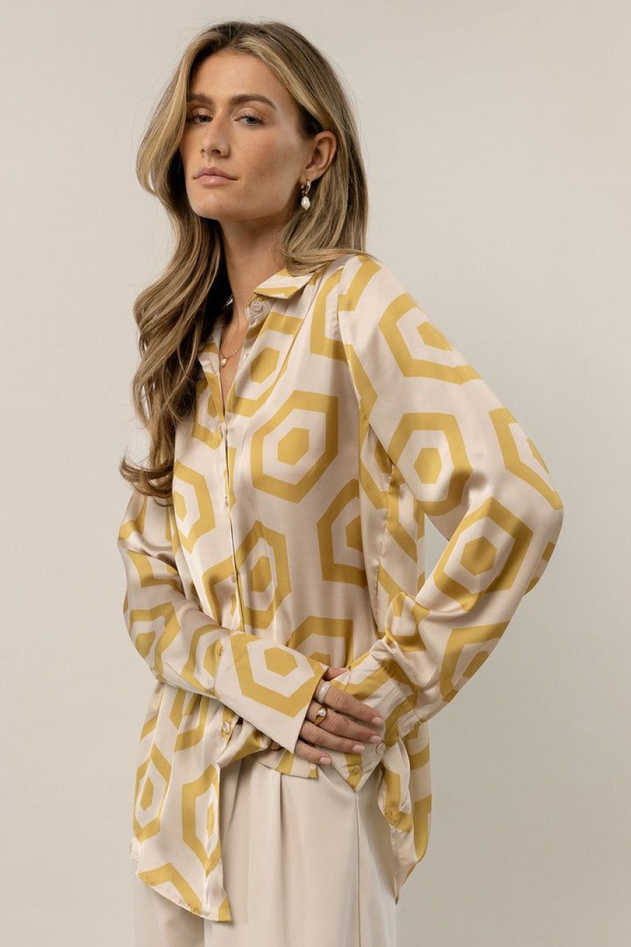 Tops * | Cheapest Worui Liv Hex Print Button Down Mustard