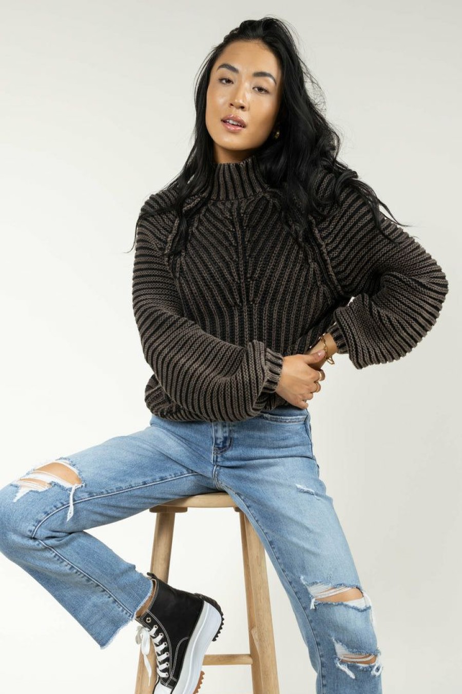 Tops * | Best Deal Sina Tops Olympe Cable-Knit Sweater In Black