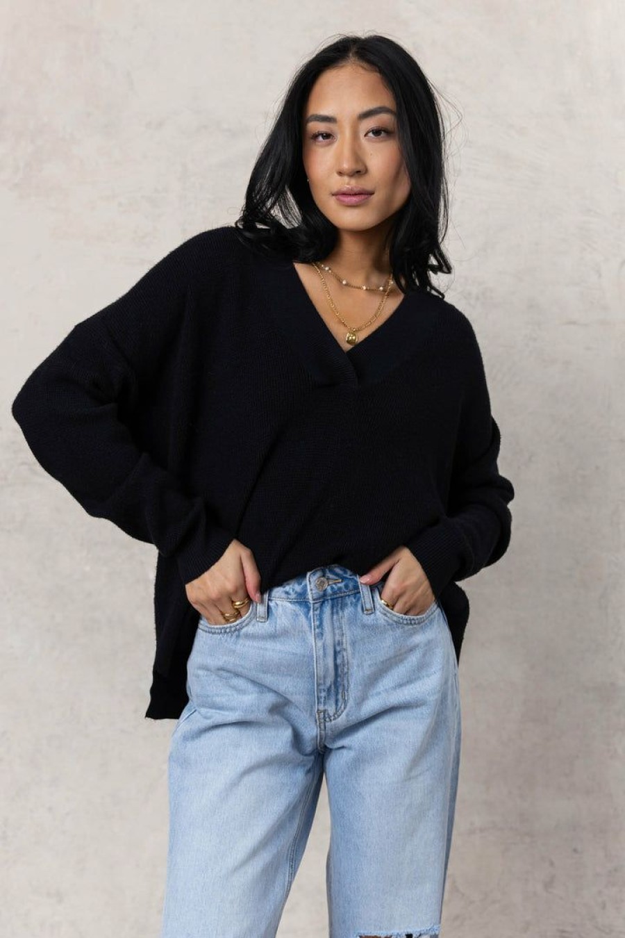 Tops * | Budget Dreamers By Debut Tops Brody Sweater Final Sale Black