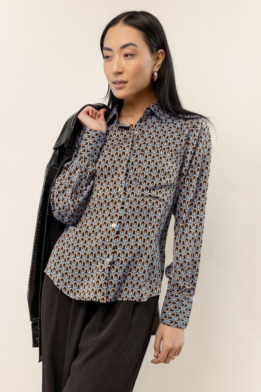 Tops * | Top 10 Calista Yara Printed Button Down New Arrivals Black