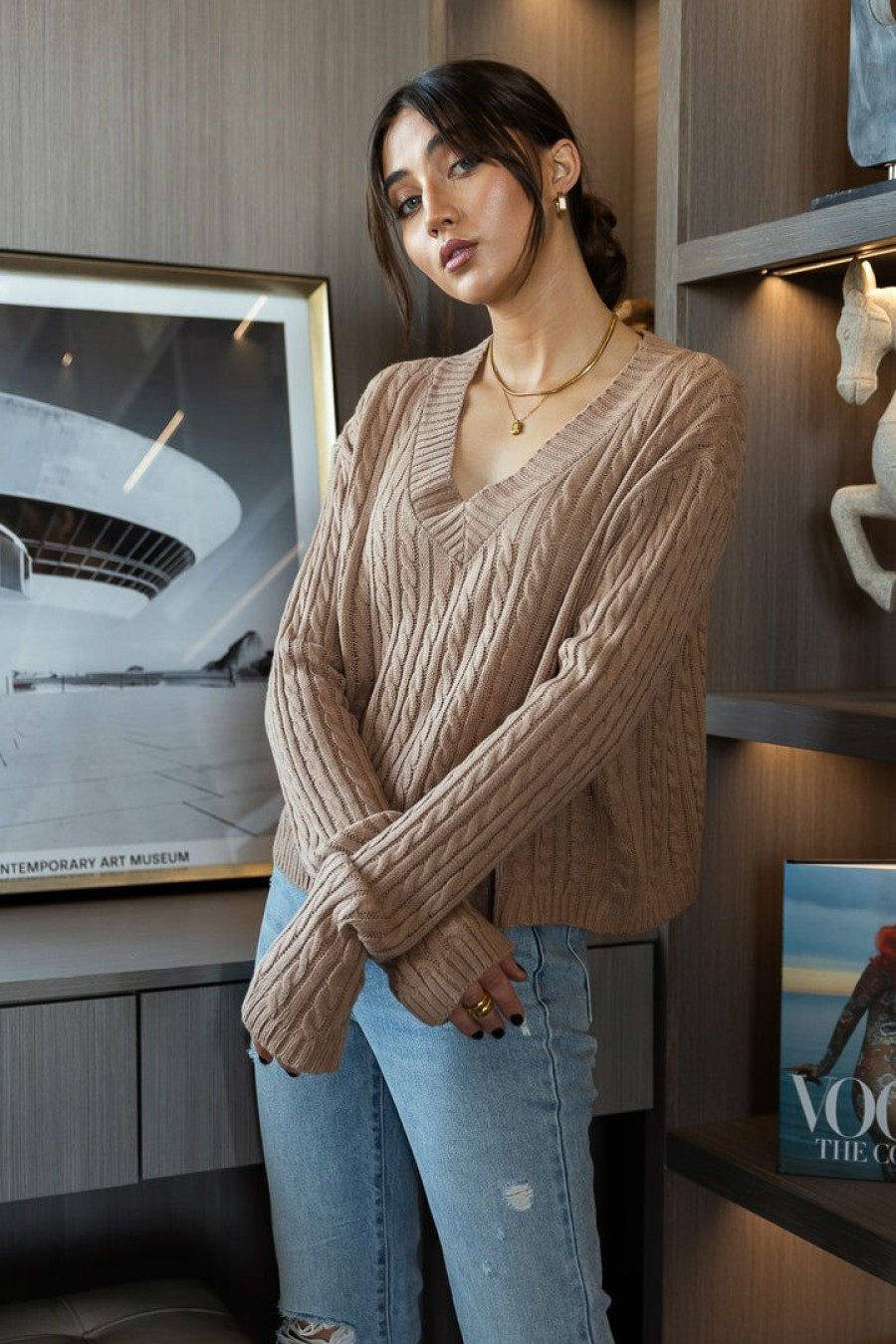 Tops * | Top 10 Mitto Shop Liv Cable Knit Sweater In Tops Camel