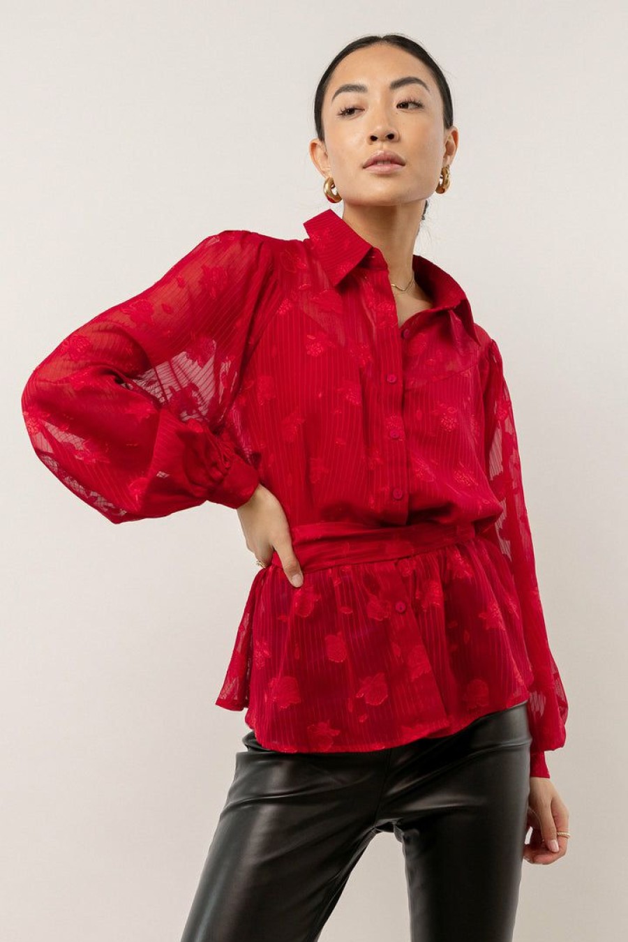 Tops * | Top 10 Flying Tomato Tops Bryce Button Down Blouse Red