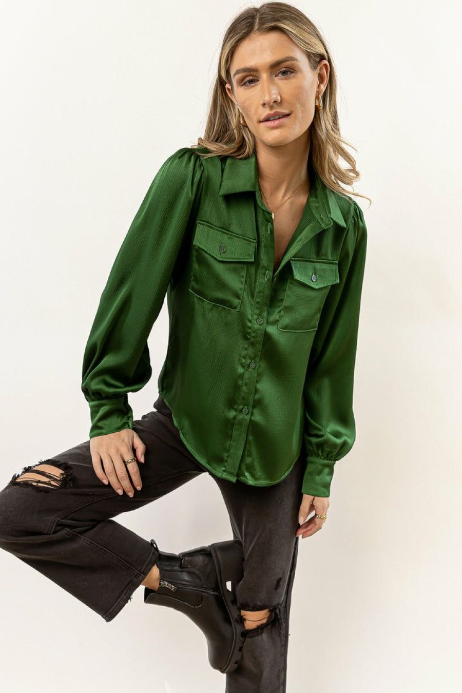 Tops * | Cheap Lumiere Brylee Satin Button Up Hunter Green