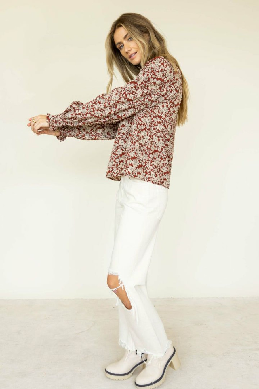 Tops * | Hot Sale Calista Hana Floral Blouse Tops Rust