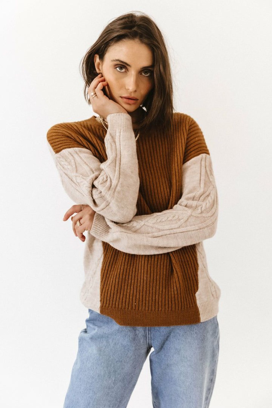 Tops * | Deals Hem&Thread Justica Cable-Knit Sweater Camel