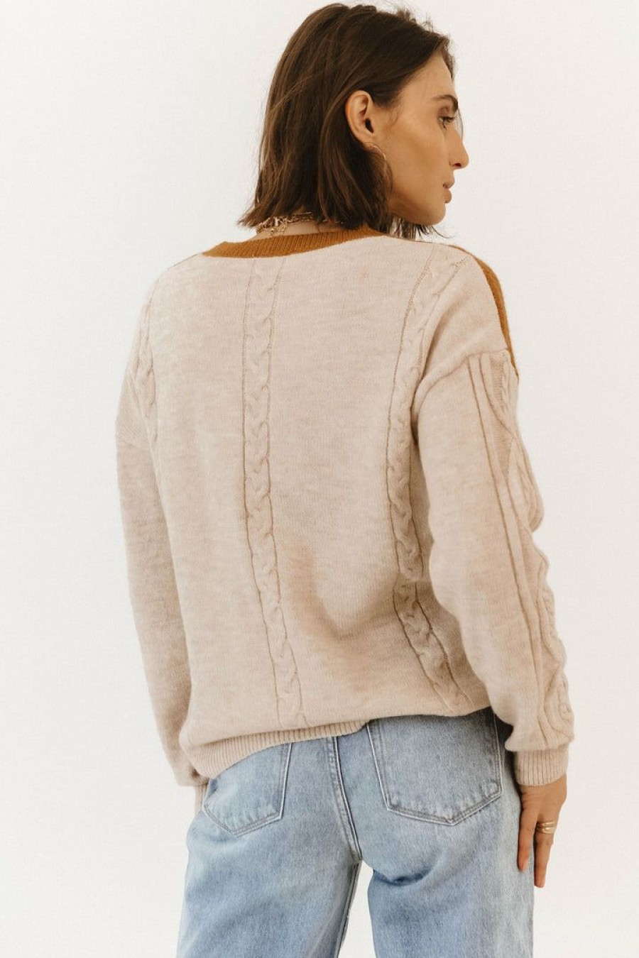 Tops * | Deals Hem&Thread Justica Cable-Knit Sweater Camel