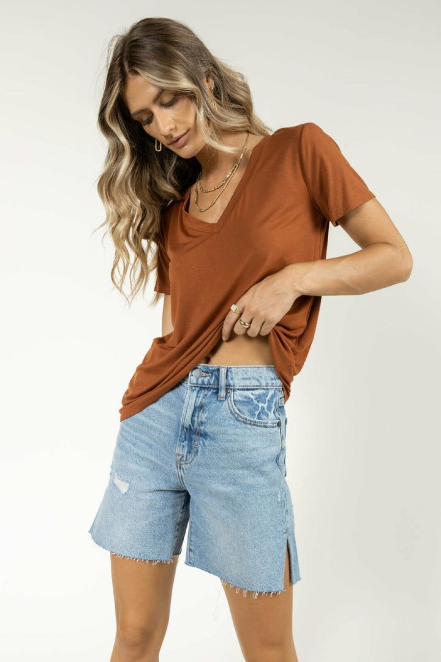 Tops * | Brand New Lime N Chili Tops Essentials V Neck Tee In Final Sale Copper