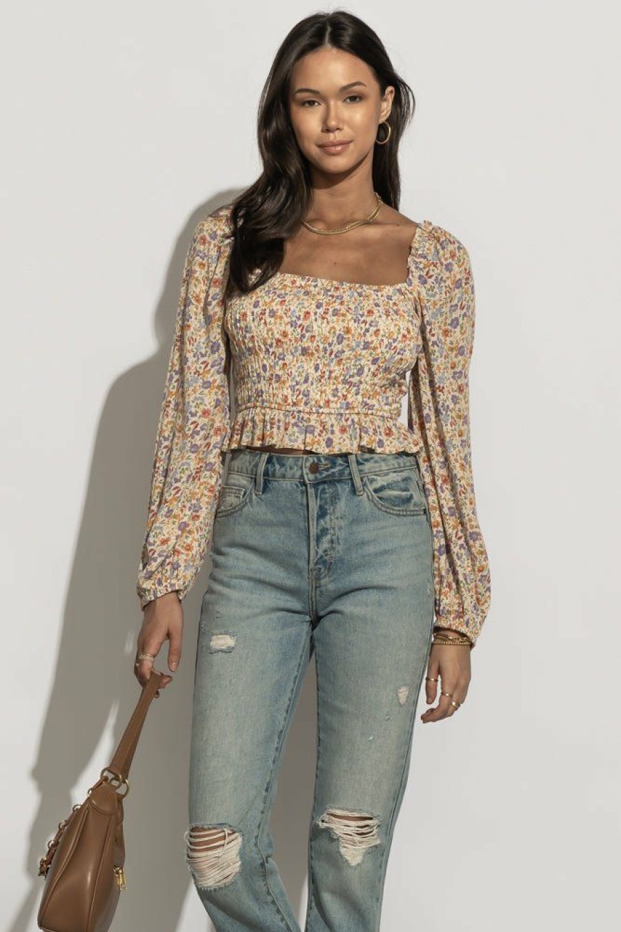 Tops * | Wholesale Dress Forum Tops Jersey Floral Blouse Final Sale Beige