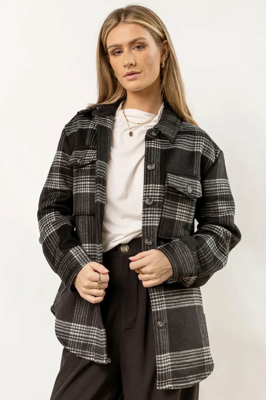 Tops * | Flash Sale Qizhen New Arrivals Baylee Plaid Shacket Black