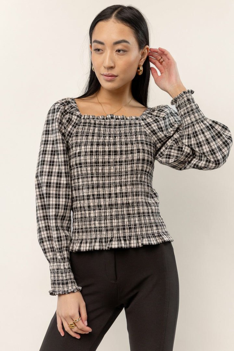 Tops * | Budget Sina Devin Plaid Top In Cream