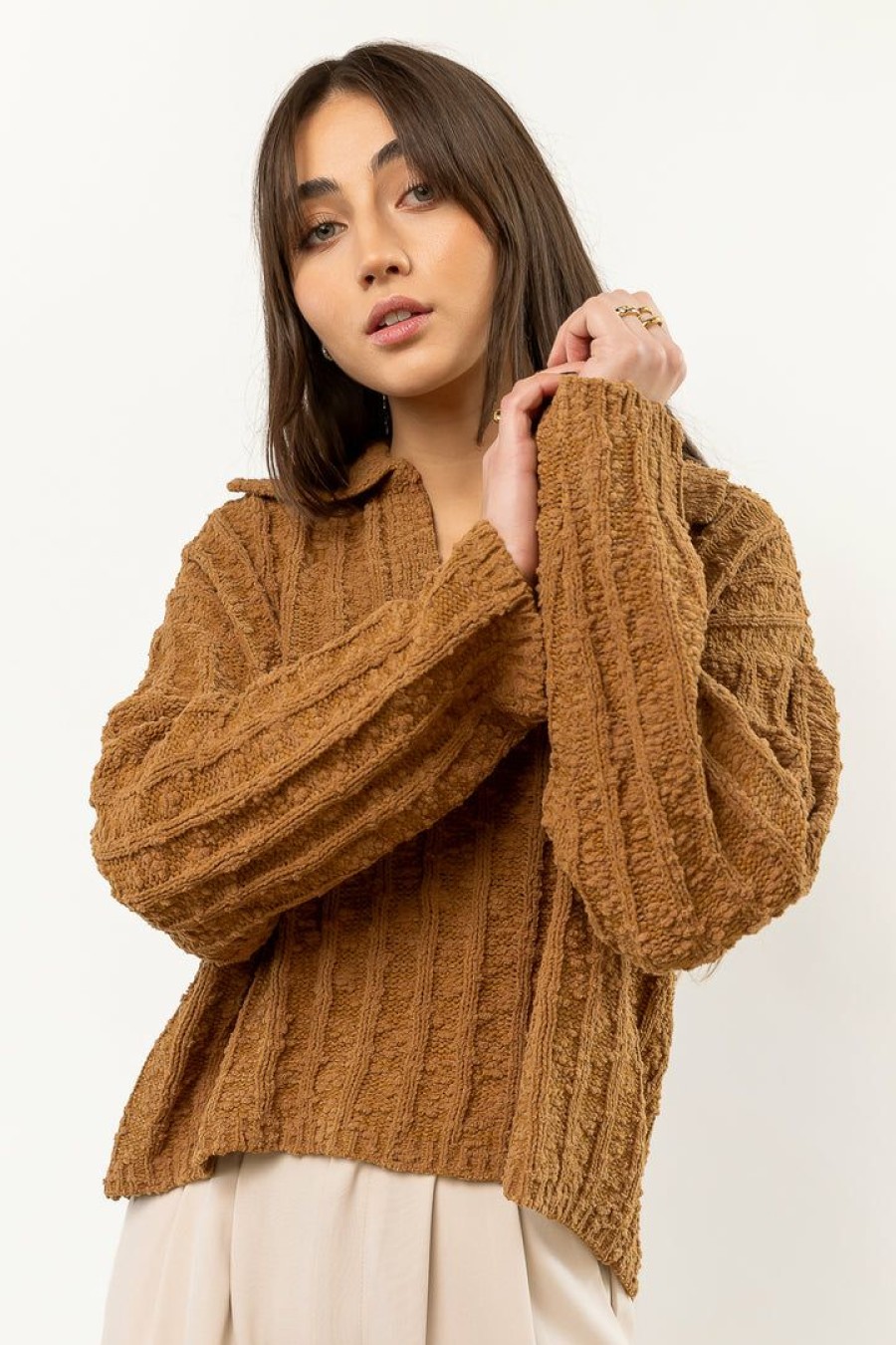 Tops * | Flash Sale Lush Clothing Traveler Cable Pullover Tops Brown