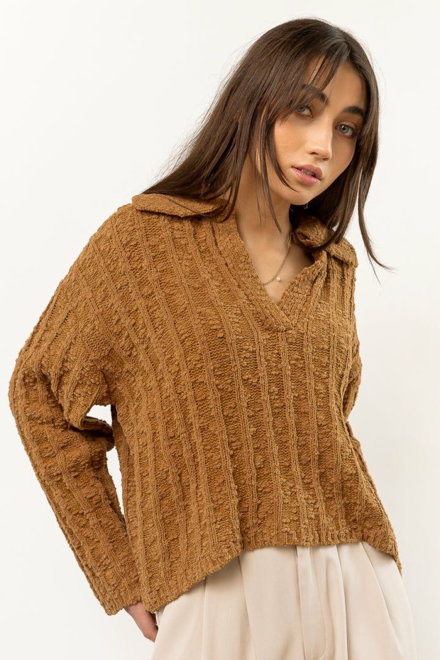 Tops * | Flash Sale Lush Clothing Traveler Cable Pullover Tops Brown