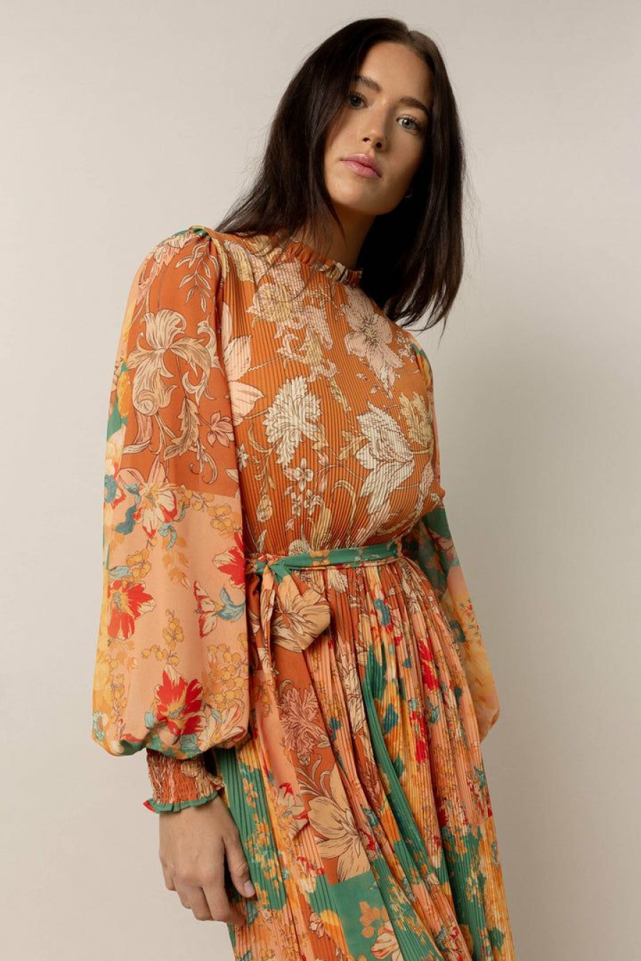 Dresses * | Outlet Flying Tomato Trudy Floral Midi Dress Camel