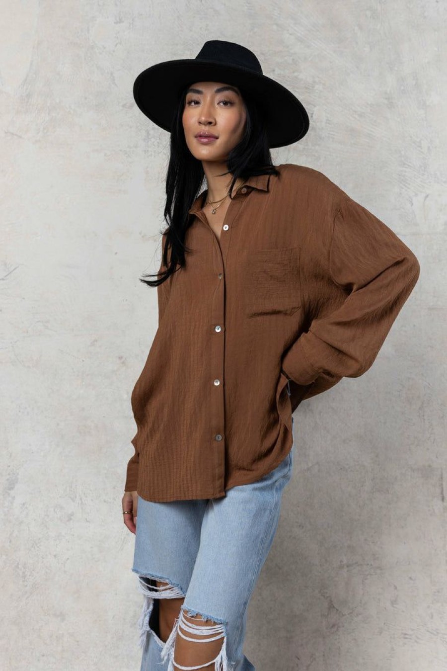 Tops * | Hot Sale Fun 2 Fun Tops Carmen Button Up In Camel