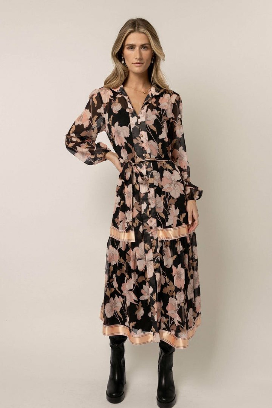 Dresses * | Hot Sale Worui Maggie Floral Midi Dress Dresses Black