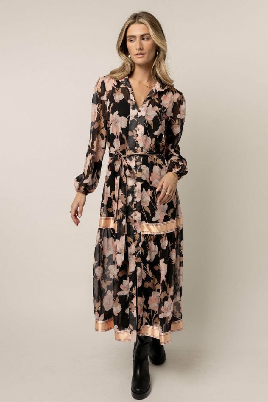 Dresses * | Hot Sale Worui Maggie Floral Midi Dress Dresses Black